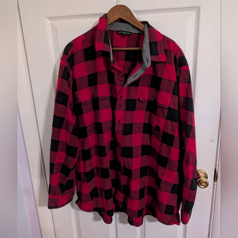 Linus Tech Tops Mens Shirt Red Black Check Long Sleeve Cotton Button Size 3XL